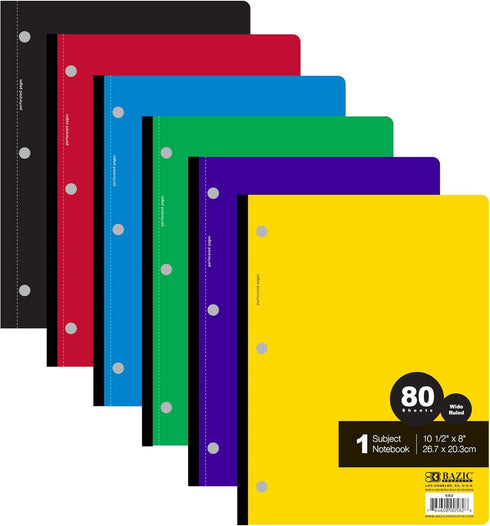 BAZIC Notebook Wide Ruled 1 Subject 80 Sheets Wireless Notebooks, 3 Punched Holes Lined Composition Book, Assorted Color, 6-Pack...