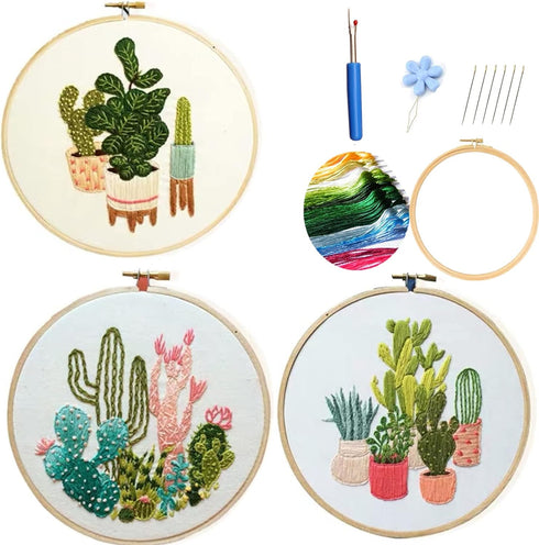 Highkick Embroidery Starter Kits for Adults Beginners with Stamped Pattern, Embroidery Floss + Needles + Hoop, Cactus Series, 3 Pack...