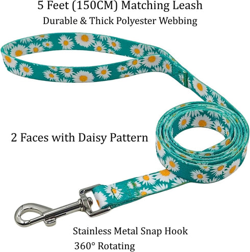 Dog Collar and Leash Set, Cute Daisy Pattern, Polyester Material, 5ft Leash, for Puppy Dogs.(Extra Small,Green Daisy)...