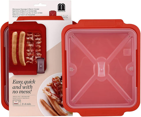 MMUGOOLER Microwave Easy Bacon Maker/Cooker with Lid, Safety, Quick and with No Mess, 11.3“ L x 9.0" W x 2.4" H- Red...