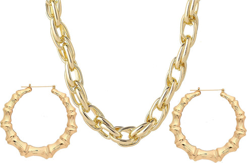 COLORFUL BLING Gold Tone Punk Chunky Link Chain Necklace with Large Hollow Bamboo Shaped Geometric Hoop Earrings Set Statement Jewelry Hip Hop Coo...