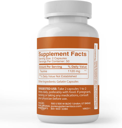 Pure Original Ingredients Taurine, (100 Capsules) 100% Pure, No Additives Or Fillers, Lab Verified...