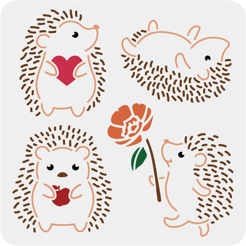 4 Styles Hedgehog Stencil 11.8×11.8inch Hedgehog Flower Drawing Painting Stencils Reusable Flower Heart Animal Stencil for DIY Furniture Wall Floo...