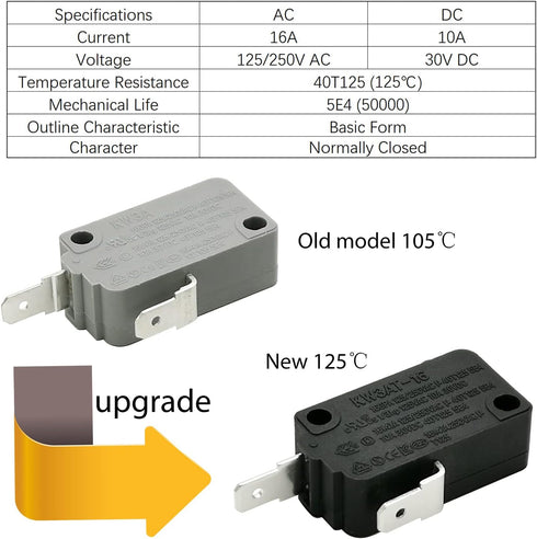 Microwave Oven Door Switch Replacement Part, 16A 125VAC, KW3AT-16 (Downward Compatible with KW3A-16), Normally Closed - 1Pc...