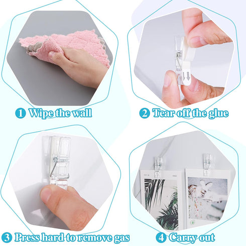 30 Pieces Small Size Hanging Wall Clips Plastic Wall Clips Hanger Clips for Pictures, 60 Pieces Sticky Strips for Home Office (Clear, 1.8 x 0.3 in...