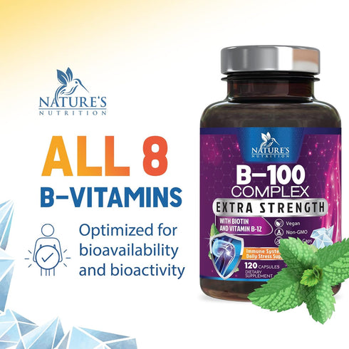 B Complex Vitamins with Vitamin B1 B2 B3 B6 B12 B100 C & Folic Acid - Supplement for Energy, Brain, & Immune Support - Super B Vitamin Complex for...