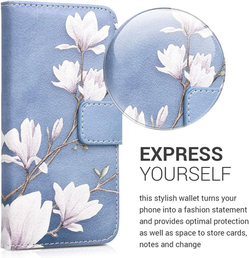 kwmobile Wallet Case Compatible with Samsung Galaxy J3 (2016) DUOS Case for Phone - Magnolias Taupe/White/Blue Grey...