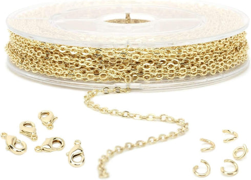 ALEXCRAFT 33 Feet 2MM 14K Gold Plated Cable Link Chain Rolls for Jewelry Making with Lobster Clasps and Jump Rings (Tarnish-Resistant)...