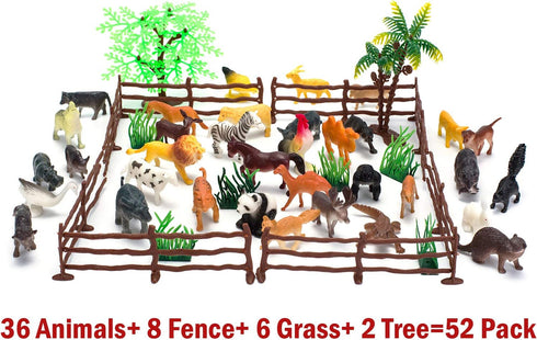 Animal Figurines Toys, 52 Pcs Small Mini Realistic Safari Zoo Plastic Animals Figures Learning Educational Toy Set for Kids Toddlers Jungle Wild F...