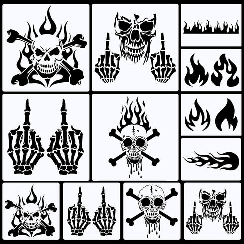 12 Pcs Skull Stencil Flame Stencil Fire Skull Stencils for Airbrushing Reusable Airbrush Flame Template Flame Painting Decor Laser Cut Reusable Te...
