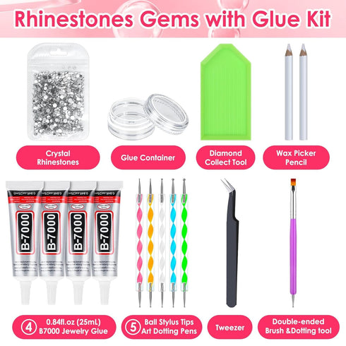 B7000 Glue Clear for Rhinestones, 4 Pcs 25mL B-7000 Jewelry Bead Gem Glue with Flatback Clear Rhinestones, Tweezer Dotting Rhinestone Tool for Clo...