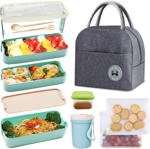 Bento Box Kit,Japanese Lunch Box 3-In-1 Compartment,Leakproof 3 Layer Lunch Container for Kids and Adults...