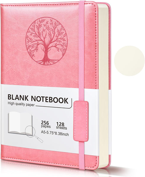 Blank Journal Notebook for Women Men, Pink A5 Unlined Journal for Writing Sketchbook, Hardcover Leather Unruled Jouranl Notebook for Work with 256...