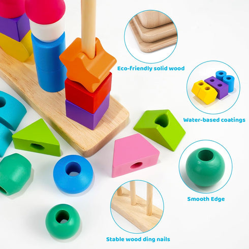 Montessori Toys for 2 3 4 Year Old Kid Boy Girl Toddler, Montessori Wooden Beads Sequencing Toy Set, Lacing Beads & Stacking Block & Matching Shap...