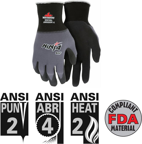 MCR Safety Gloves N96790XL Ninja BNF 15 Gauge Work Gloves, Nylon/Spandex Shell with NFT Coated Palm & Fingertips, Black/Grey, XL...