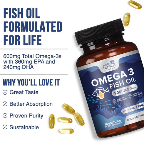 Omega 3 Fish Oil Triple Strength 2000 mg Softgels, Omega-3 Supplements, Natural Brain Heart Joint Health & Immune Support - Fatty Acids with EPA &...