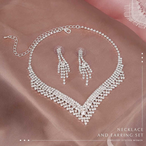 Unicra Silver Bride Wedding Jewelry Sets Crystal Bridal Necklace Earrings Set Rhinestone Costume Jewelry Set Prom Choker Necklace for Women and Br...