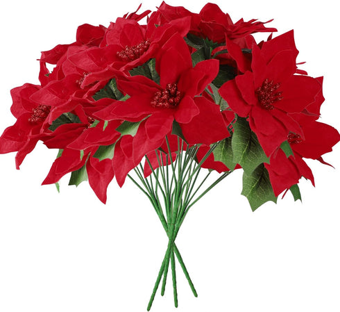 Homcomoda Christmas Red Artificial Flower Faux Poinsettia Bush Fake Flowers for Holiday Wedding Home Decoration 7 Heads 4 Bouquets...