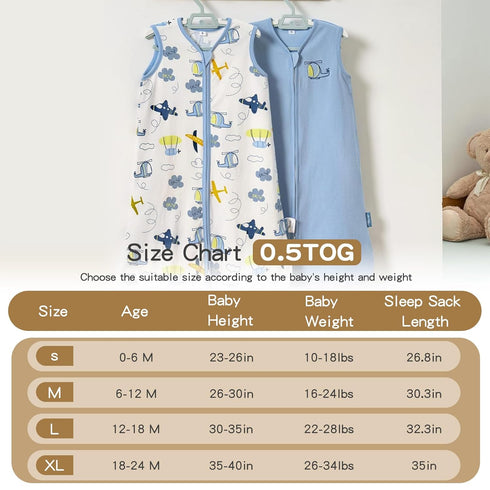 TILLYOU Sleep Sack 0-6 Months - 0.5 TOG Baby Wearable Blanket with 2-Way Zipper, Extra Soft Cotton Sleeveless Sleeping sack 2 Pack, Sky Adventure ...