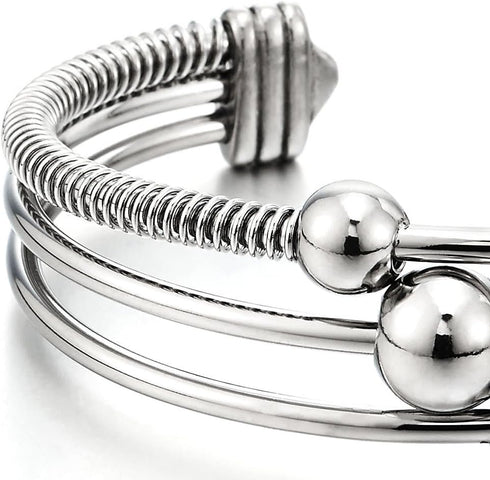 COOLSTEELANDBEYOND Three-Row Women's Stainless Steel Adjustable Open Cuff Bangle Bracelet with Cable and Ball Charms...