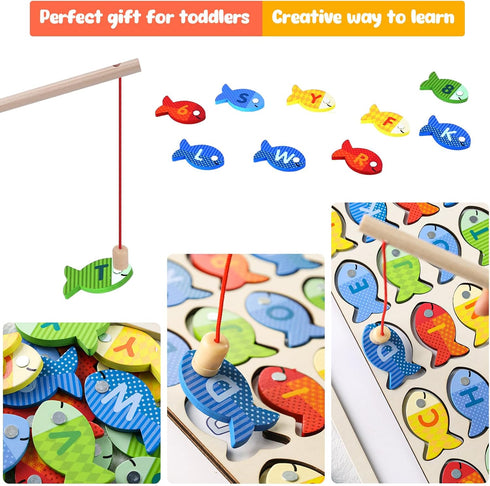 POPLAY Wooden Magnetic Fishing Game, Alphabet Fish Catching Counting Games Montessori Fine Motor Skills Toy with Letters and Numbers for Early Lea...