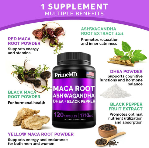 6-in-1 Organic Maca Root & Ashwagandha Capsules 1710mg w/DHEA & Black Pepper Fruit Extract - Maca Root Capsules for Women & Men - Stamina, Bone an...