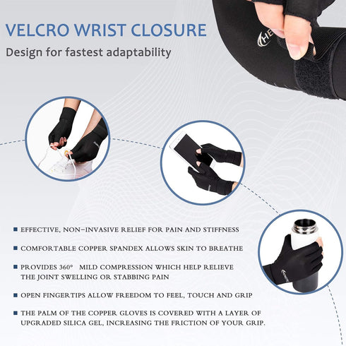 2 Pairs Copper Arthritis Gloves for Women Men, Wrist Reinforcement Fingerless Arthritis Compression Gloves for Relieving Carpal Tunnel Aches, Rheu...