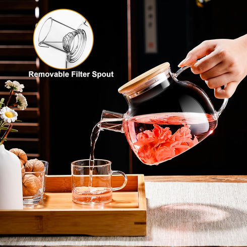 PARACITY Glass Teapot Stovetop 34 OZ/1000ml, Borosilicate Clear Tea Kettle with Bamboo Lid, Glass Tea pot with Removable Filter Spout, Teapot Bloo...