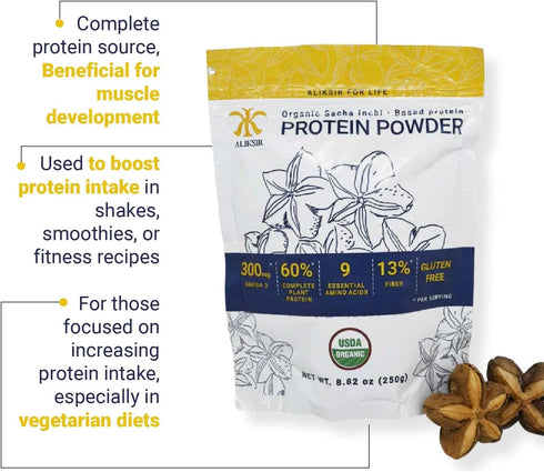 Organic Sacha Inchi Plant Based Protein Powder - by Aliksir - 100% Natural, Vegan, Gluten-Free, 9 Grams Protein, Low Carb, 9 Essential Amino Acids...