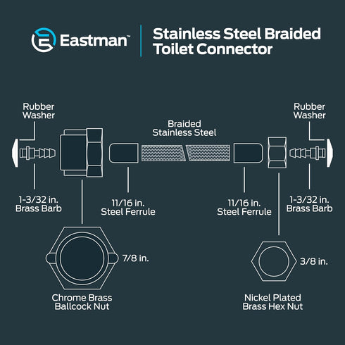 Eastman 16 Inch Flexible Toilet Connector, 7/8 Inch Ballcock x 3/8 Inch Compression, Stainless Steel Braided Hose, 48089...