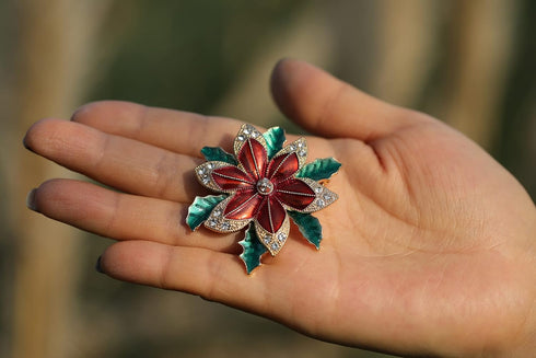 RareLove Vintage Christmas Poinsettia Brooch, Red with Green Leafs Poinsettia Flower Wreath CZ Rhinestone Crystal Christmas Pins and Brooches for ...
