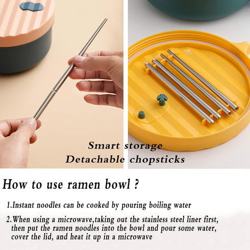 Microwave Ramen Bowl Set Ramen Cooker with Handles Noodle Bowls with Lid and Chopsticks Stainless Steel Liner Dishwasher Safe for Home Office Coll...