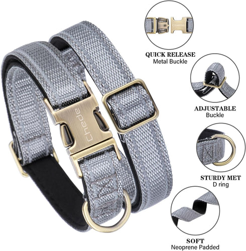 Reflective Dog Collar,Metal Buckle Soft Neoprene Padded Breathable Nylon Pet Collar Adjustable for Small Medium Large Boys Girls Dogs (Grey, Small...