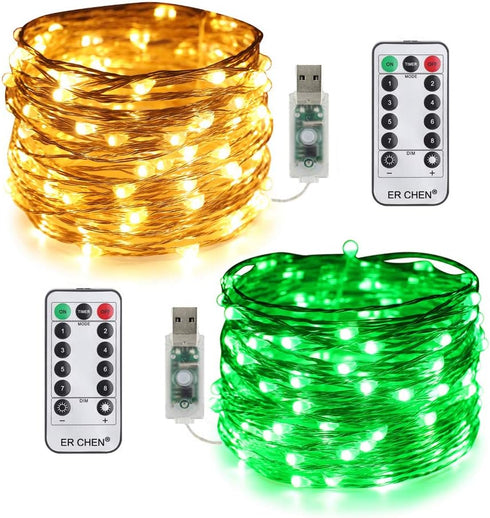 ER CHEN 2 Pack Dimmable USB String Lights, 33ft 100 LED Warm White & Green Color Changing Fairy Lights with Remote&Timer, 8 Modes Silver Coated Co...