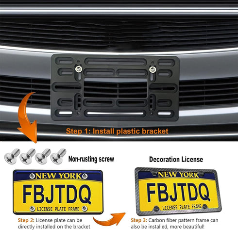 Front License Plate Mounting Kit- Carbon Fiber License Plate Frame and Universal Bracket for 2 Hole Front Bumper, Black Aluminum Car Tag Holder Ad...