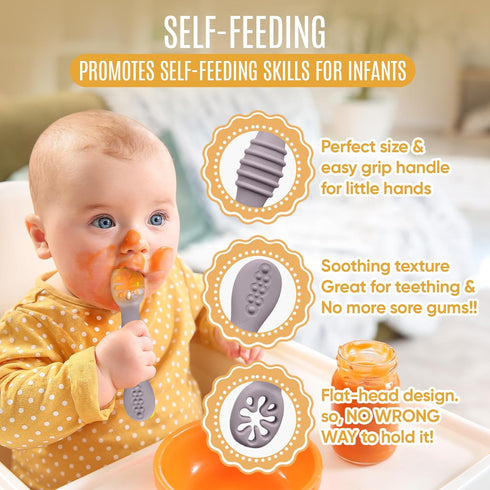 4pc Silicone Baby Spoons Self Feeding Baby Utensils 6-12 Months - 3 Baby Spoon - 1 Baby Fork - Toddler Cutlery Set - BPA Free, Dishwasher Safe, Ba...