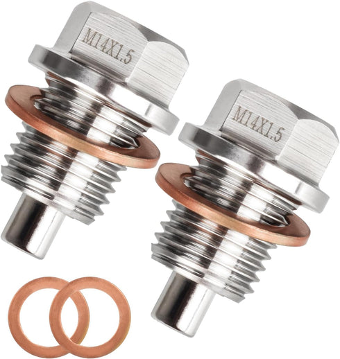 Magnetic Oil Drain Plug M14 X 1.5MM 2 PCS, Stainless Steel Engine Oil Drain Plugs with 4 Pcs Copper Gasket Anti Leakage Replacement for Most Ford ...