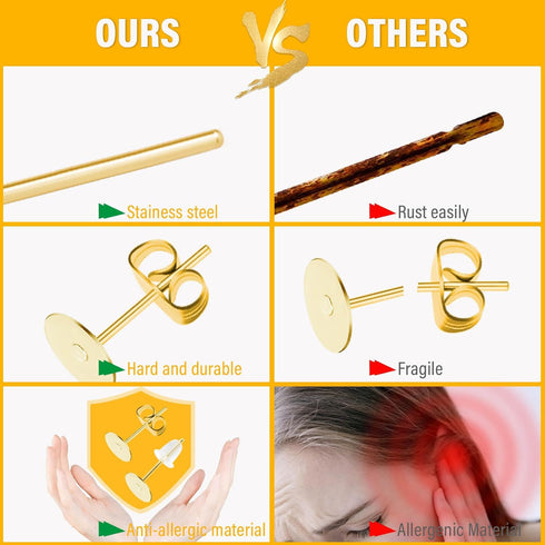 Earring Posts Stainless Steel, Flasoo 1200Pcs Hypoallergenic Earrings Posts and Backs, Gold Flat Pad Ear Ring Studs with Clutch for Earring Making...