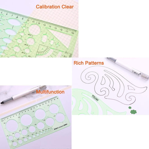 11 Piece Geometric Drawing Template Measuring Ruler, Transparent Green Plastic Ruler with Portable Plastic Bag for, for Studying, Designing and Bu...