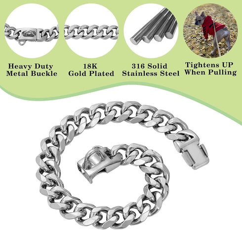 Stainless Steel Silver Gold Dog Collars with Safety Buckle Lock,18K Cuban Link Chain Training Collar,15MM Strong Dog Necklace Heavy Duty Chew Proo...