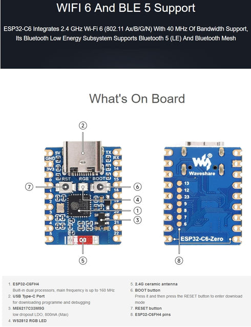 ESP32 Development Board ESP32-C6 Mini Development Board, Based on ESP32-C6FH4 Dual Processors 160MHz Running Frequency 2.4GHz WiFi 6 & Bluetooth 5...