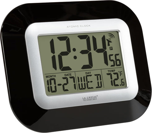 La Crosse Technology WT-8005U-B-INT Atomic Digital Wall Clock with Indoor Temperature, Black,...