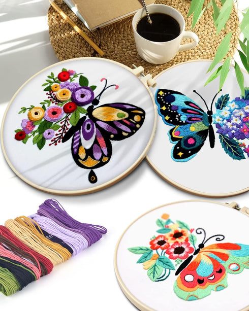 TINDTOP 3 Sets Embroidery Stitch Practice kit, Butterfly Flower Embroidery Kit for Beginners Include Cloth Hoops Threads for Craft Lover Hand Stit...