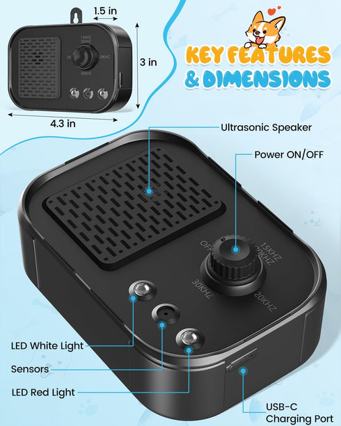 Ultrasonic Dog Bark Deterrent Devices, Rechargeable Anti Barking Device 50Ft Effective Control Range Safe for Human & Dogs Portable Indoor & Outdo...