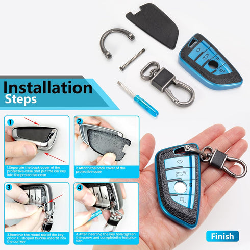 for BMW Cover With Leather Keychain, Advanced Blade Shape Soft TPU Surface Grain Fob Cover for New BMW Smart Key (Blue B)...