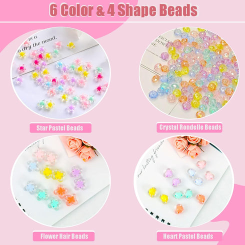 582Pcs Acrylic Pastel Beads Kit: 336 Macaron Color Rondelle, 144 Star, 54 Heart, 48 Flower Beads for Jewelry Making, Hair Braids...
