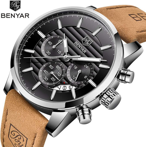BENYAR Quartz Chronograph Waterproof Watches Business and Sport Design Leather Band Strap Wrist Watch for Men...