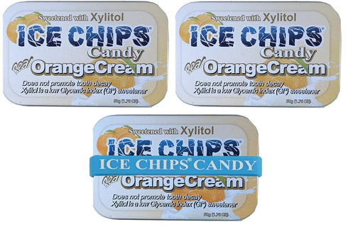 ICE CHIPS Xylitol Candy Tins 5.28 oz total (Orange Cream, 3 Pack) - Includes BAND as shown...