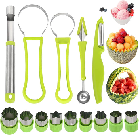 14 Pack Melon Baller Scoop Set - 4 in 1 Stainless Steel Fruit Tool Set Fruit Scooper Seed Remover with Fruit Vegetable Cutter Shapes Set Fruit Pee...