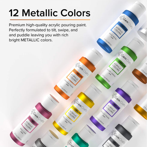 GenCrafts Metallic Acrylic Pouring Paint 12 Colors Pre-Mixed High Flow & Ready to Pour - 2 oz./60 ml Bottles - Multi-Purpose Paints for Canvas, Pa...